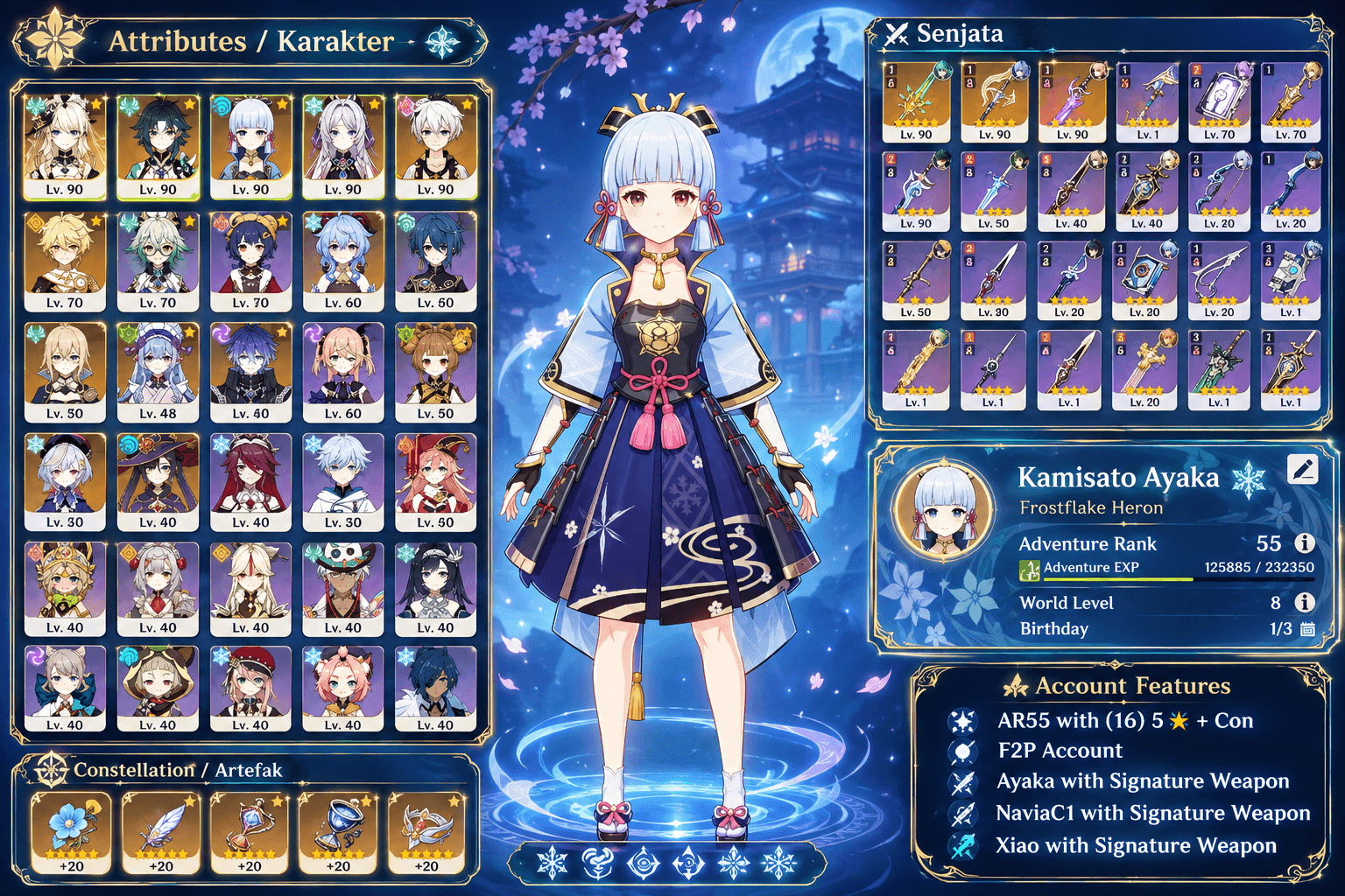 Asia Server Genshin Impact Account Ayaka Navia Xiao Signature ( 16 x 5Star)