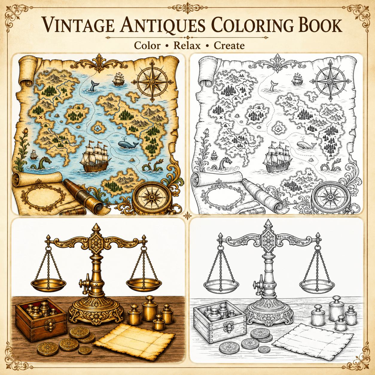 Vintage Antiques Coloring Book | Antique Objects Coloring Pages | Relaxing Printable Coloring Book for Adults & Teens