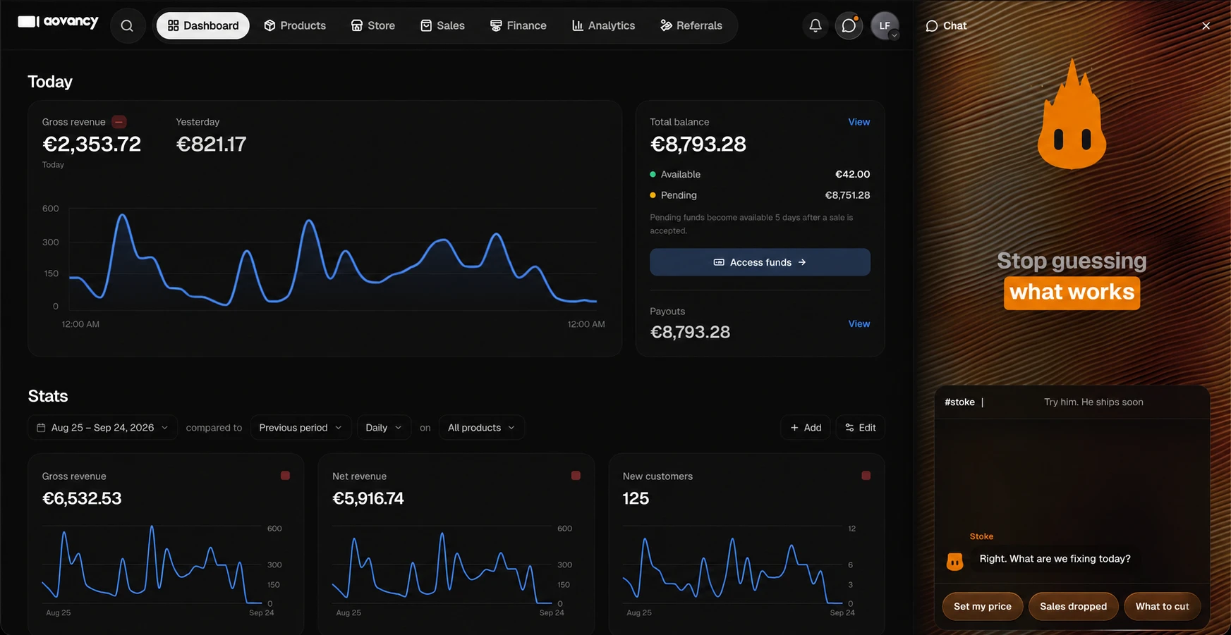 The AOVANCY dashboard: today's revenue, balance, and Stoke open in the side panel
